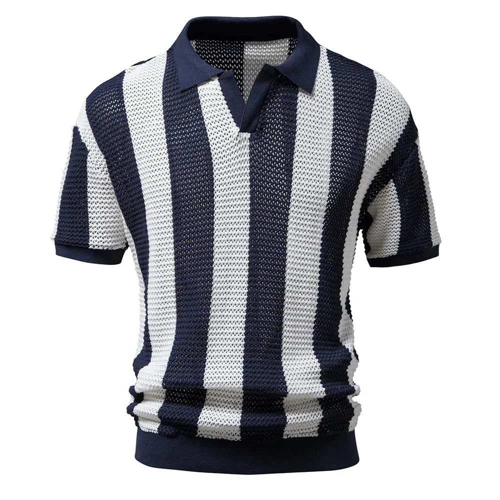 Xituodai 100% Cotton Hollow Out Knitted Striped Polo Shirts Mens High Quality Short Sleeve Lapel Tops Summer Casual  Polos Tshir