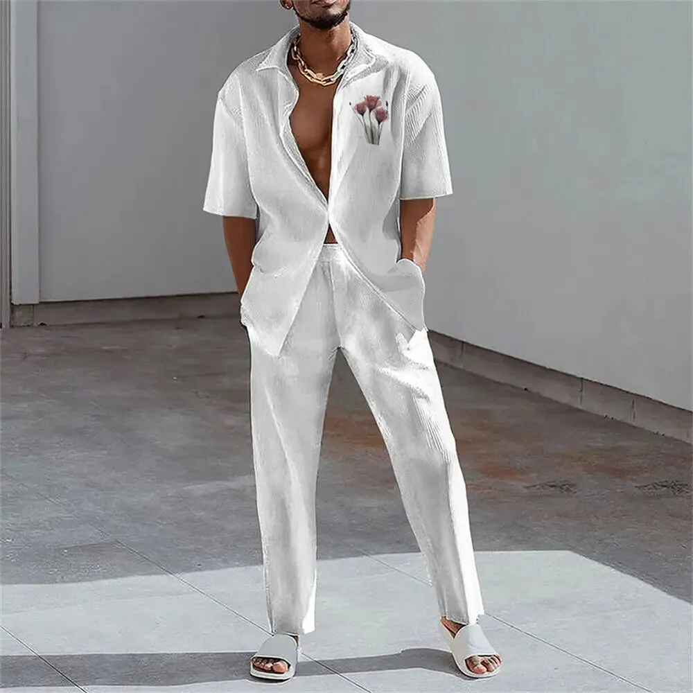 Xituodai 2024 Fashion 3D Print Two Piece Set Men Summer Short Sleeve Lapel Shirts Top And Pants Casual Suit Streetwear Mens Outf