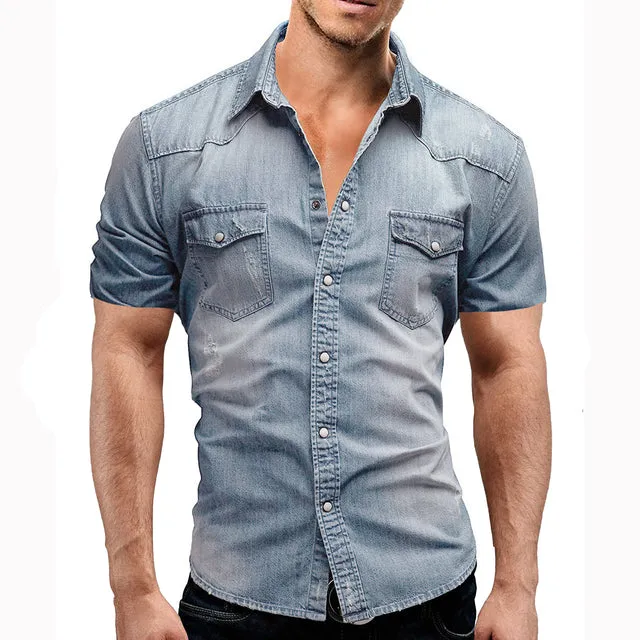 Xituodai Men Spring Summer Denim Thin Shirt Short Sleeve Soft Cotton Two Pockets Slim Slight Elastic Jeans Cowboy Shirt Clothing