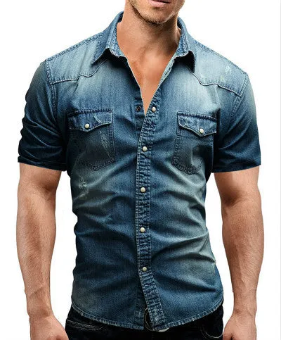 Xituodai Men Spring Summer Denim Thin Shirt Short Sleeve Soft Cotton Two Pockets Slim Slight Elastic Jeans Cowboy Shirt Clothing