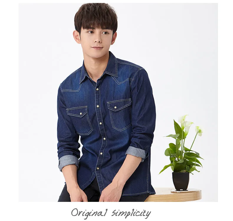 Xituodai Spring Autumn Men Denim Thin Shirt Long Sleeve Soft 100% Cotton Two Pockets Slim Slight Elastic Jeans Cowboy 4XL