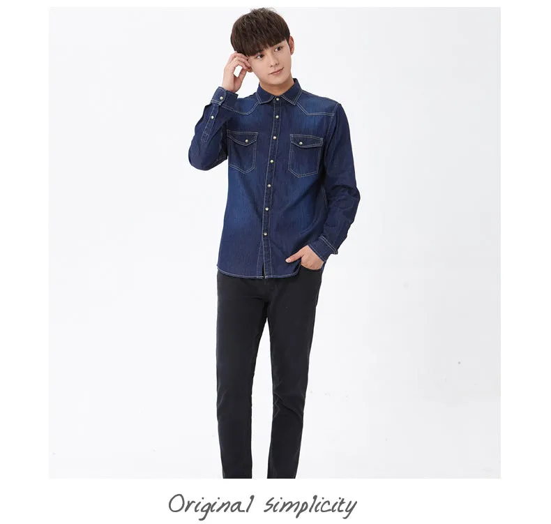 Xituodai Spring Autumn Men Denim Thin Shirt Long Sleeve Soft 100% Cotton Two Pockets Slim Slight Elastic Jeans Cowboy 4XL