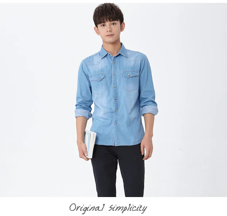 Xituodai Spring Autumn Men Denim Thin Shirt Long Sleeve Soft 100% Cotton Two Pockets Slim Slight Elastic Jeans Cowboy 4XL