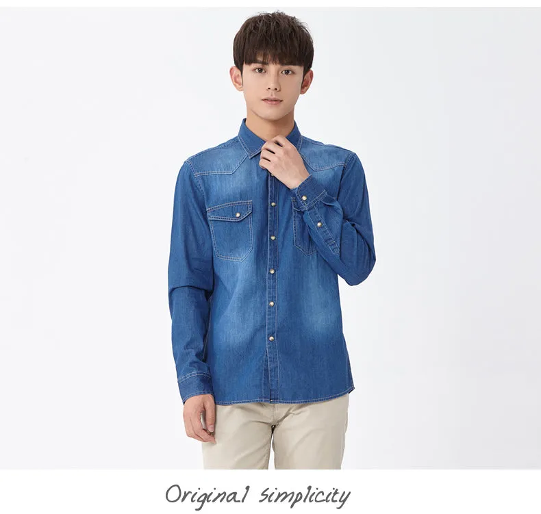 Xituodai Spring Autumn Men Denim Thin Shirt Long Sleeve Soft 100% Cotton Two Pockets Slim Slight Elastic Jeans Cowboy 4XL