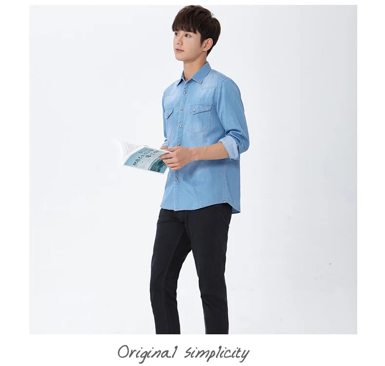 Xituodai Spring Autumn Men Denim Thin Shirt Long Sleeve Soft 100% Cotton Two Pockets Slim Slight Elastic Jeans Cowboy 4XL