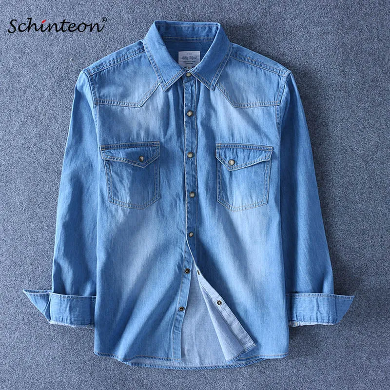 Xituodai Spring Autumn Men Denim Thin Shirt Long Sleeve Soft 100% Cotton Two Pockets Slim Slight Elastic Jeans Cowboy 4XL