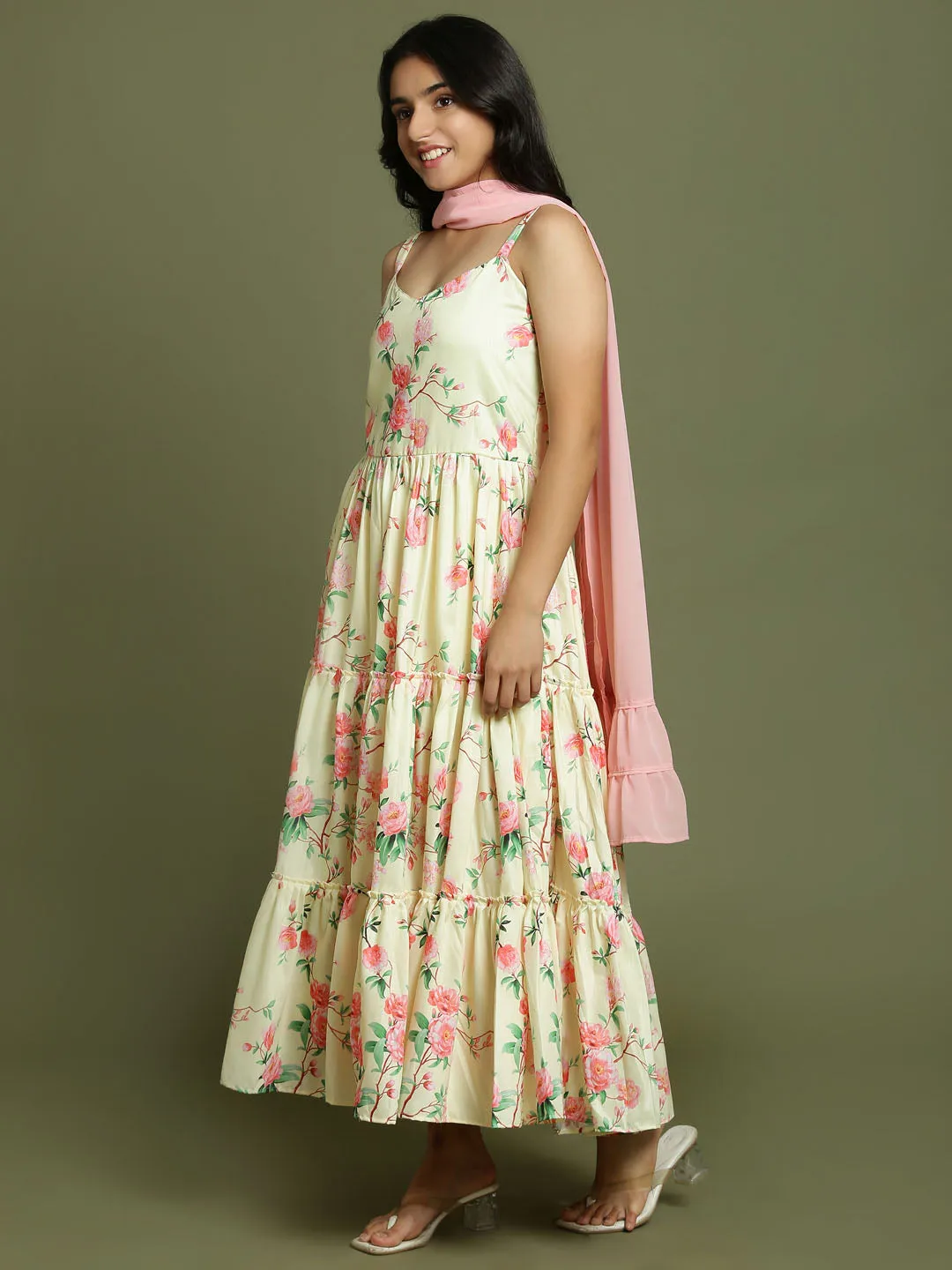 Yuva By VASTRAMAY Girl's Light Yellow Floral Print Anarkali With Pink Dupatta